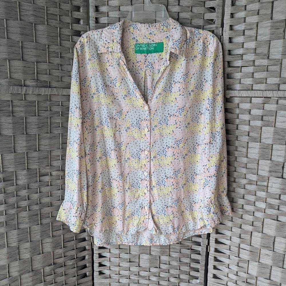 United Colors of Benetton Button Down Shirt Floral Modal Sz M Cottagecore Boho